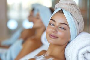 two girls in towels sitting side by side next to bath tub, photo