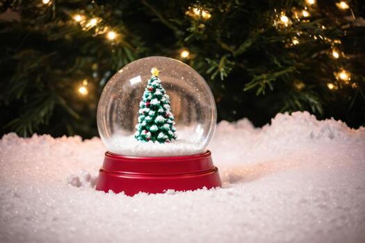 a snow globe with a tree inside and a stringy decoration hanging from the ceiling, photo