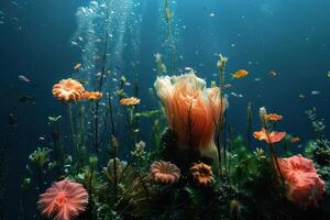 an underwater tank and some flowers in it, photo