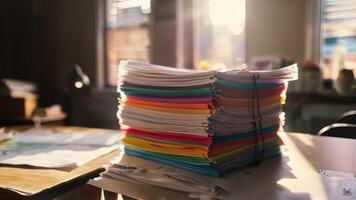 an office scene, desk with paper stacks of papers, photo
