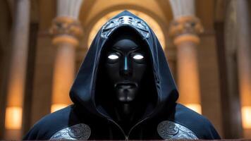 a hooded man is staring at the camera, photo