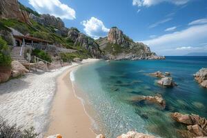 an inviting beach with steps and cliff in the distance, photo