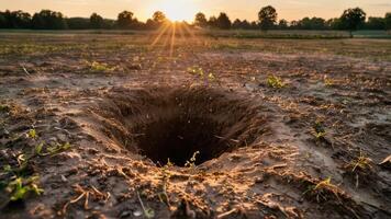 an unplugged hole in some grass and dirt, photo