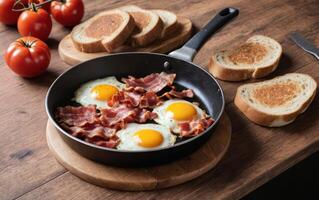 some eggs and toast with tomatoes and bread, photo