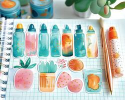colorful paper stickers displayed on table with pens, photo