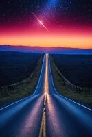 a long empty road stretches into the distance with an shooting star, photo