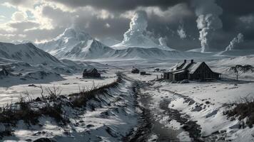 a dirt path leads to farmhouses in the snow, photo