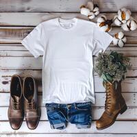 clothing and boots lay on a wooden table with cotton, photo