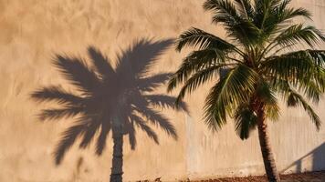 a palm tree casting shadow on the side of a building, photo