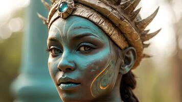 an african woman with body art painted with blue color, photo
