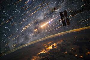 some buildings and stars on the side of a planet, photo