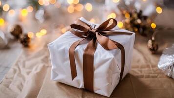 presents wrapped in white paper with gold and brown decoration, photo