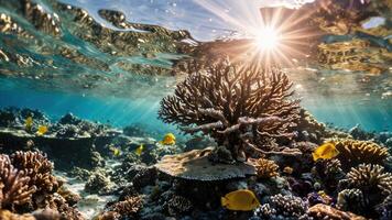 coral reef with sunburst and fish in foreground, photo
