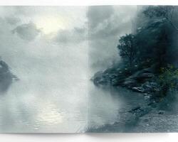 an opened book showing a painting, photo