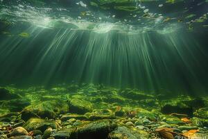 rocky bottom underwater with algae and rocks near by, photo
