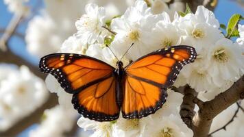 the big orange butterfly is resting on some white flowers, photo