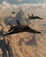 four fighter jets flying low, near mountains, photo