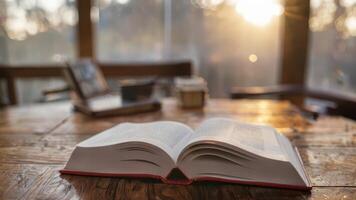 two open book books and glasses on wooden table at front of large windows, photo