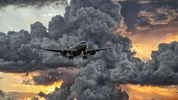 airplane with flying wheels in front of black clouds, photo