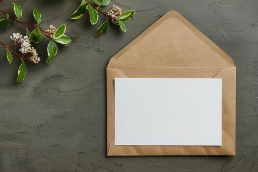an envelope and a white note with green branches, photo