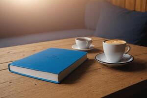 a book, coffee and another set on a wooden table, photo