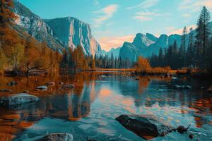 a river flowing under the trees with an autumn color theme, photo