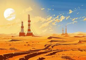 an oil rig and power lines in the desert, photo
