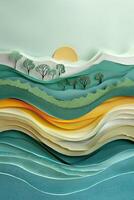 a paper cut out landscape with trees on top of waves, photo