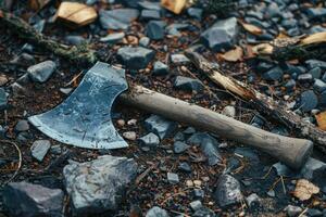 an old worn axe lies on a pile of broken wood and rock, photo