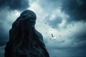 a silhouetted statue under dark skies and birds, photo