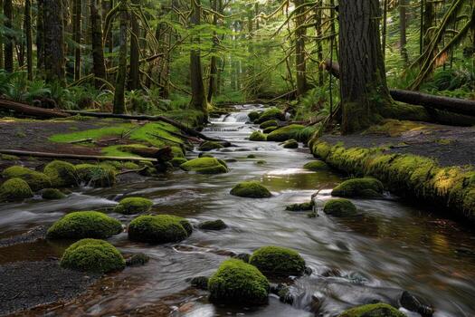 a stream running through a lush green forest, photo