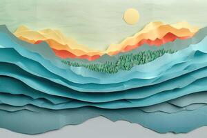 a paper cut of green and blue mountains, photo