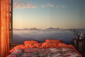 bed with pillows, pillow and curtains in daytime, photo