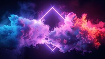 two neon glowing clouds with smoke swirling up, photo