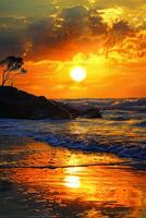 the sun sets on the horizon over a body of water, photo