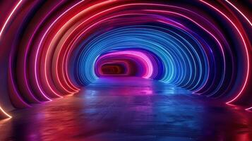 inside of a tunnel with two rows neon bright lines glow, photo