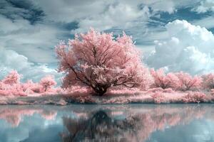 colorful colored trees that are by the water, photo