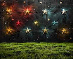 the flag is painted in bright yellow orange and red stars, photo