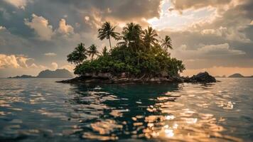 two people are standing a beach on a small island, photo