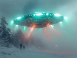 green abducted vehicle lights hovering over an area covered with snow, photo