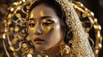 a lady in gold and wearing a headpiece, photo