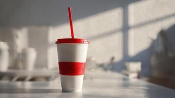 a large cup on a table with a red straw and drinking tube, photo