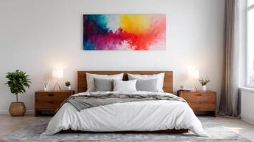a bedroom with large paintings on the wall, photo