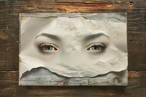 a sculpture of a face covered in torn piece paper, photo