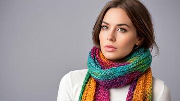 a woman with colorful hair and scarf looks at the camera, photo