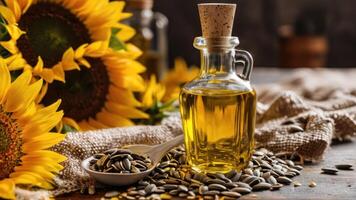 sunflower seeds and essential oils in small dishes around a sunflower, photo