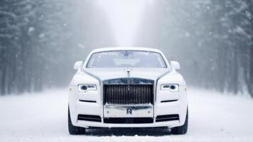 limo with white trim parked in snow, photo