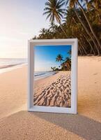 white picture frame on beach with palm trees at sunrise, photo