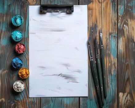 un inconcluso bosquejo tablero con acuarela pinturas y Tres diferente cepillos, foto