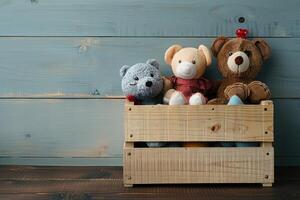 two stuffed animals in a wooden case on a floor, photo